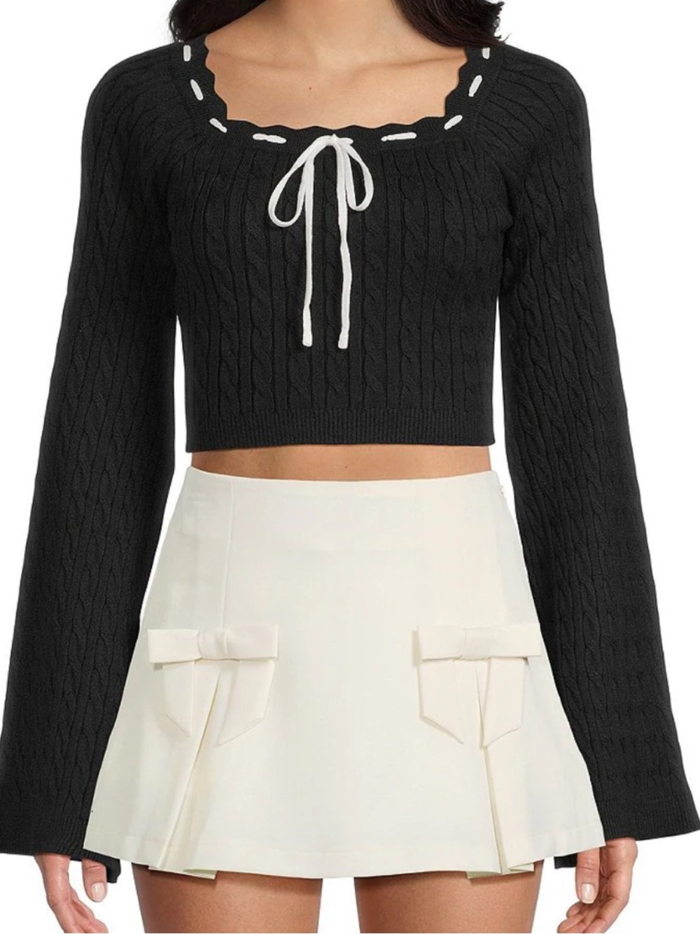 Altar'd State Black Cable-Knit Cropped Sweater with Cream Tie